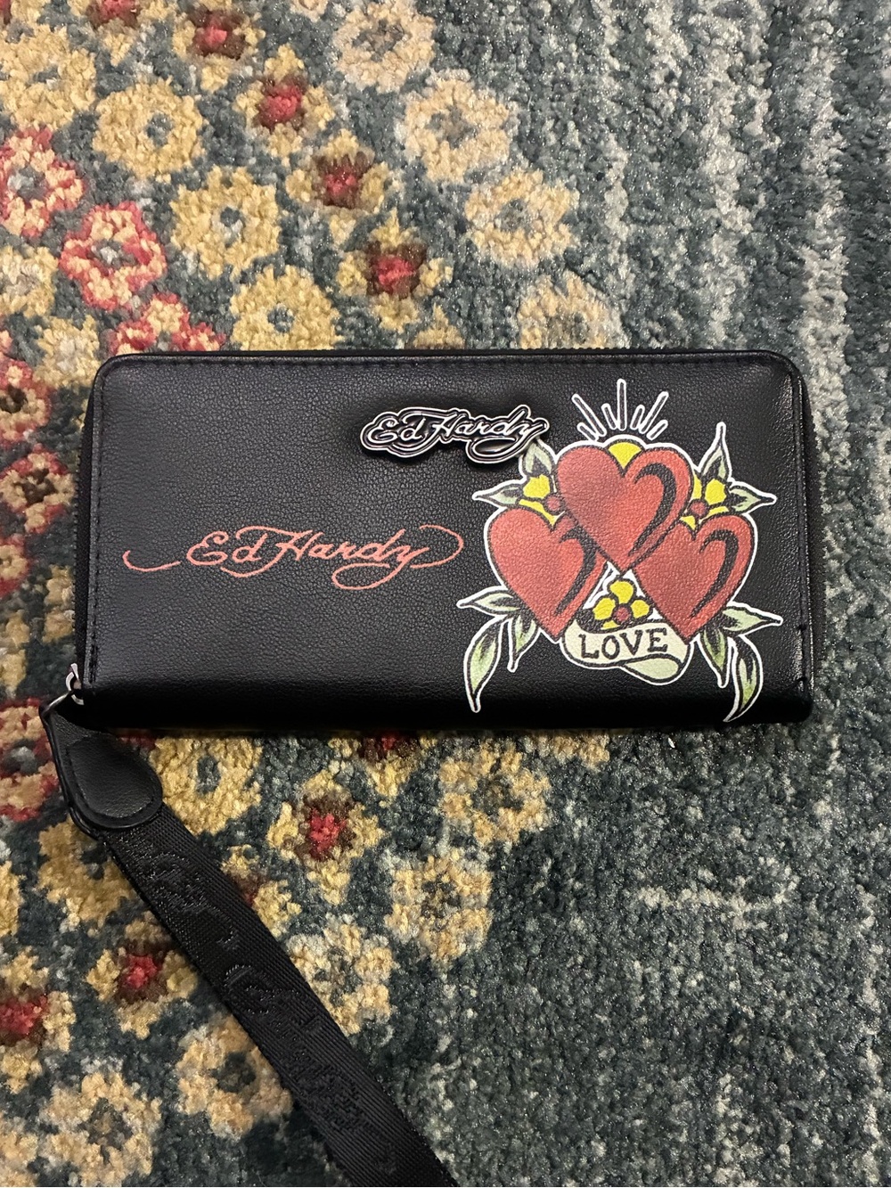 Ed Hardy Black Wallet with Red Heart Graphic and Yellow Accents